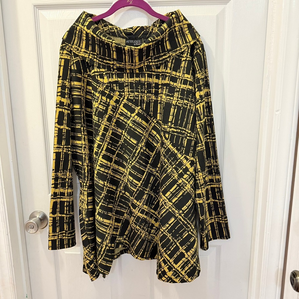 Attitudes by Renée Womens 3X Tunic Top‎ Black Yellow Abstract Geometric Print